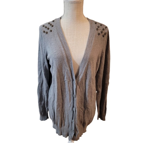 Torrid Gray Sweater Button Down Cardigan w Bronze Skulls Sz 0/12 100% Cotton - Picture 1 of 4